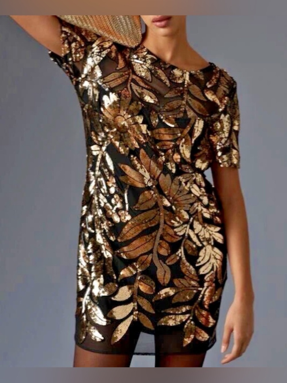NWOT Maeve Short-Sleeve Sheer Embellished Mini Dress M sequin gold black